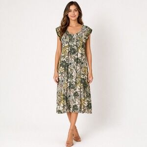 Floral Flutter Sleeve Midi Dress Green Yellow Scalloped Trim 1XL Boho Slub Knit